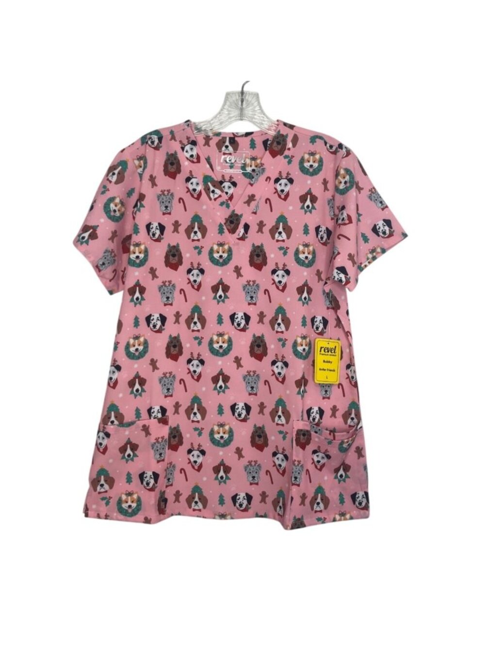 Revel Bobby Antler Friends Christmas Scrub Dogs Top Large Pink New Medical